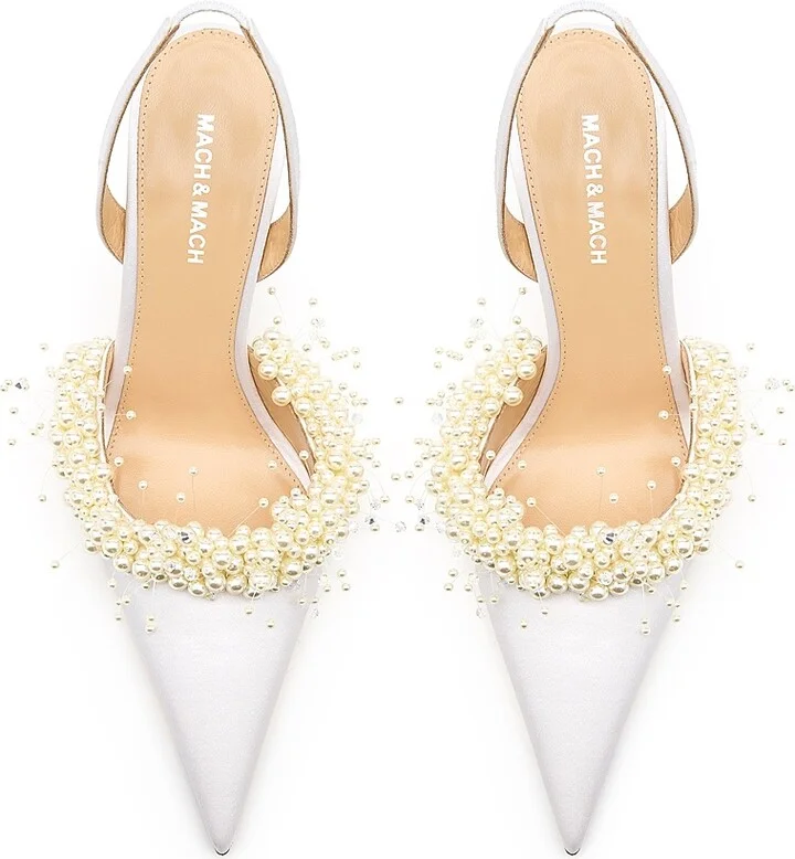 Women's 85MM Embellished Crepe Satin Slingback Pumps - White - Size 6.5 - Image 4
