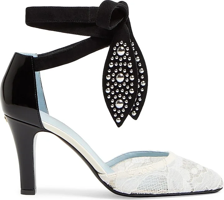Women's 85MM Foliefoliage Pumps in Abrasive Calfskin and Lace - Ivory Nude Black - Size 7