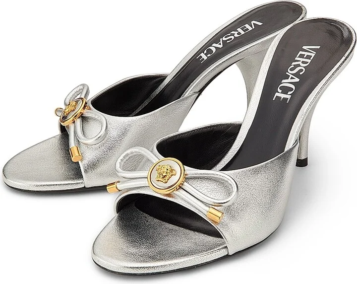 Women's 85MM Leather Mule Heels - Silver Versace Gold - Size 6 - Image 2