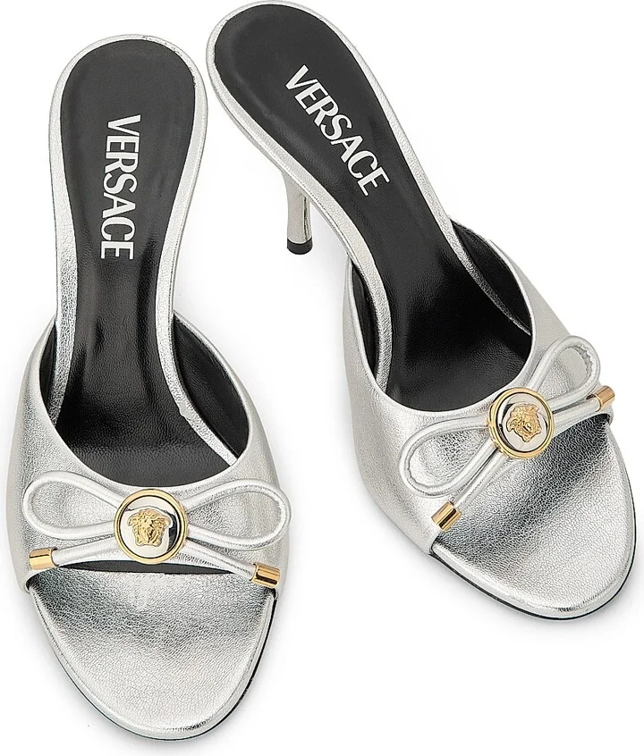 Women's 85MM Leather Mule Heels - Silver Versace Gold - Size 6 - Image 4