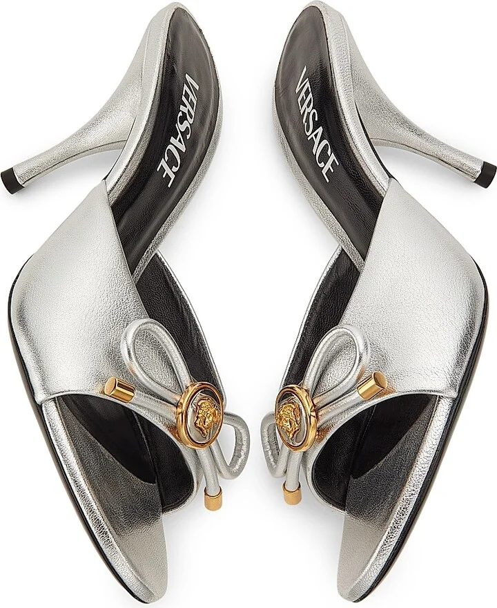 Women's 85MM Leather Mule Heels - Silver Versace Gold - Size 6 - Image 6