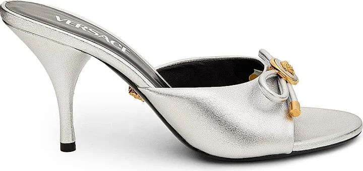 Women's 85MM Leather Mule Heels - Silver Versace Gold - Size 6