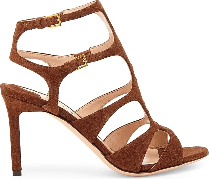 Women's 85MM Suede Caged Stiletto Sandals - Dark Whisky - Size 6