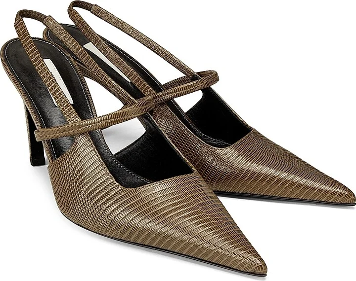 Women's 90MM Lizard-Embossed Leather Slingback Pumps - Dark Olive - Size 5 - Image 2
