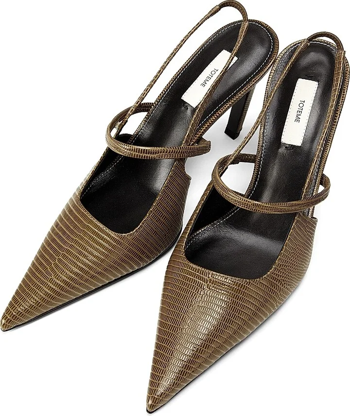 Women's 90MM Lizard-Embossed Leather Slingback Pumps - Dark Olive - Size 5 - Image 4
