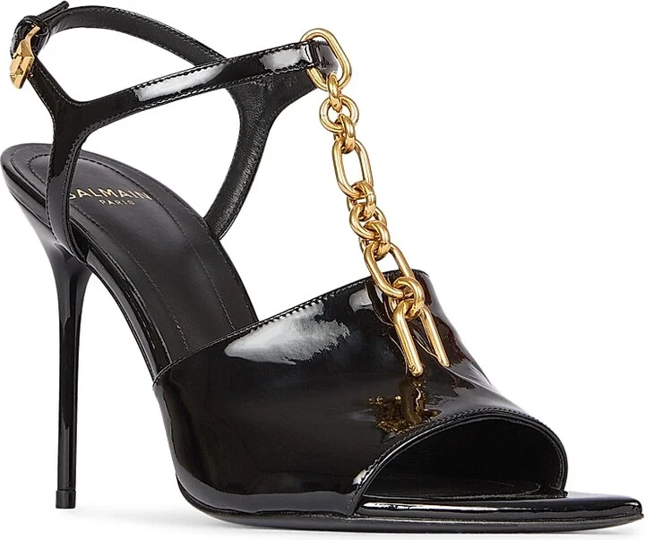 Women's 95MM Chain-Link & Patent Leather T-Strap Sandals - Noir - Size 9 - Image 2
