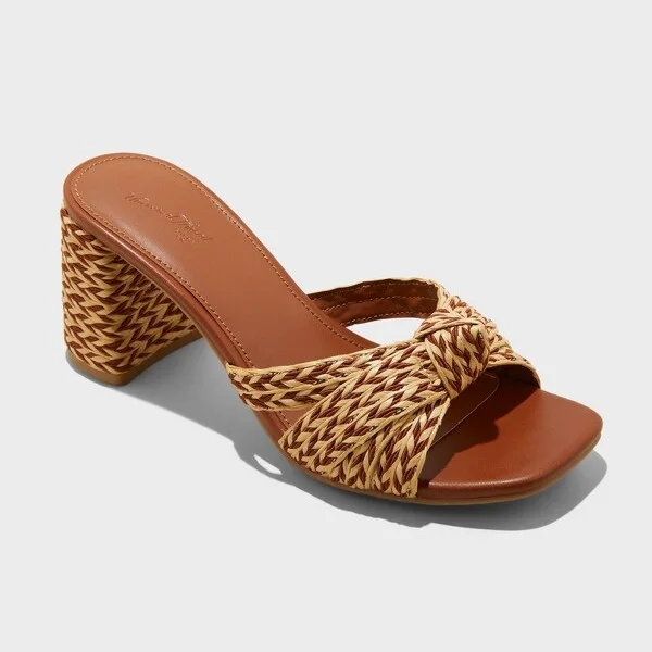 Women's Aaliyah Raffia Strappy Knot Sandal Heels - Universal Thread™ : Block Heel, Open Toe