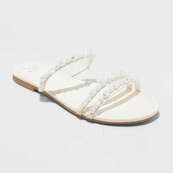 Women's Aida Wide Width Strappy Sandals - A New Day™ Ivory : Slip-On, Open Toe, Textured Outsole, Instep Strap, Solid Pattern