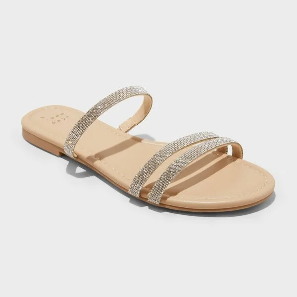 Women's Aida Wide Width Strappy Sandals - A New Day™ Silver : Slip-On Open Toe Slides with Textured Outsole