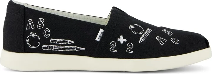 Womens Alpargata Plus Black Slub Woven with Back To School Doodle Embroidery
