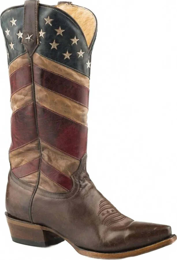 Women's American Flag Leather Cowboy Boot In Burnished Tan Red White And Blue