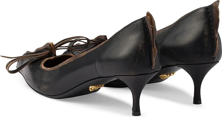 Women's Antiqued Leather Pumps - Beige Khaki - Size 10 - Image 8