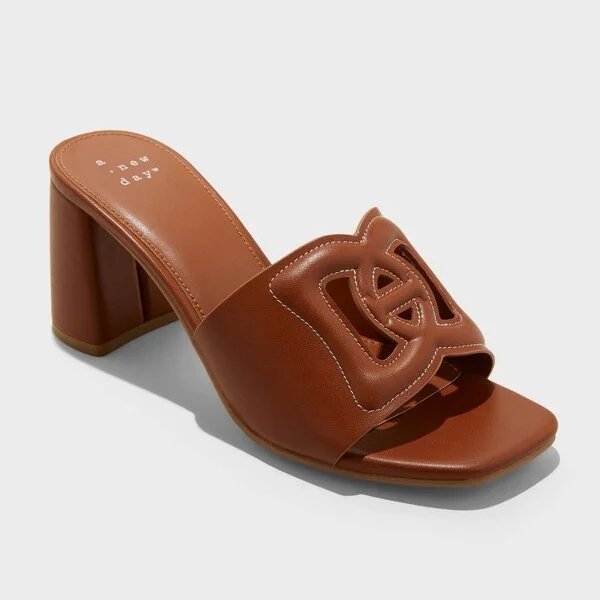 Women's Arden Chop Out Block Heels with Memory Foam Insole - A New Day™ Cognac : Slip-On, Open Toe, Medium Width