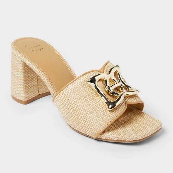 Women's Arden Raffia Ornamented Block Heels with Memory Foam Insole - A New Day™ Tan : Slip-On, Open Toe, Instep Strap
