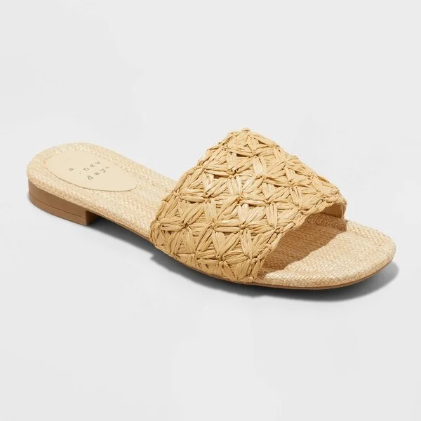 Women's Ariella Woven Raffia Slide Sandals with Memory Foam Insole - A New Day™ : Open Toe, Square Toe