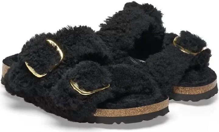 Women's Arizona Big Buckle Shearling Sandals Narrow In Teddy Black