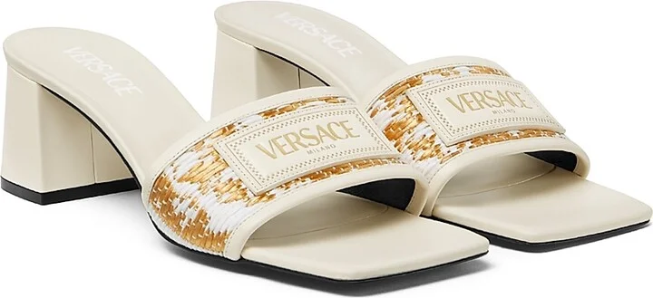 Women's Athena 50MM Raffia Mules - White Gold Versace Gold - Size 5 - Image 2