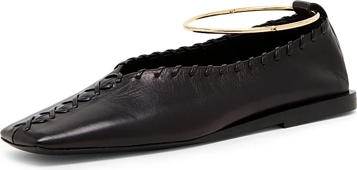 Women's Ballerina Leather Flats - Black Silver - Size 6 - Image 2