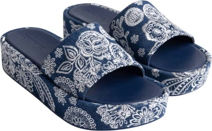 Women's Bandana Embroidered Platform Slide Sandal In Denim Blue