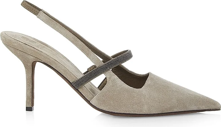 Women's Beaded Suede 80MM Slingback Pumps - Grey - Size 6