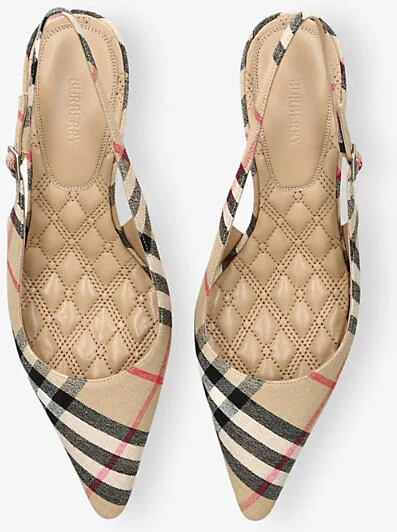Womens Beige Comb Check Dame Slingback Linen-Blend Pumps​ Eur 37.5 / 4.5 Uk Women - Image 2