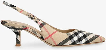 Womens Beige Comb Check Dame Slingback Linen-Blend Pumps​ Eur 37.5 / 4.5 Uk Women