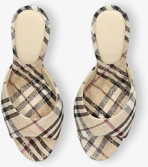 Womens Beige Comb Check Mews Linen-Blend High-Heel Mules​ Eur 39 / 6 Uk Women - Image 2
