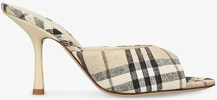 Womens Beige Comb Check Mews Linen-Blend High-Heel Mules​ Eur 39 / 6 Uk Women