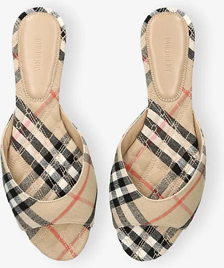 Womens Beige Comb Check Mews Linen Flat Sandals Eur 38.5 / 5.5 Uk Women - Image 2