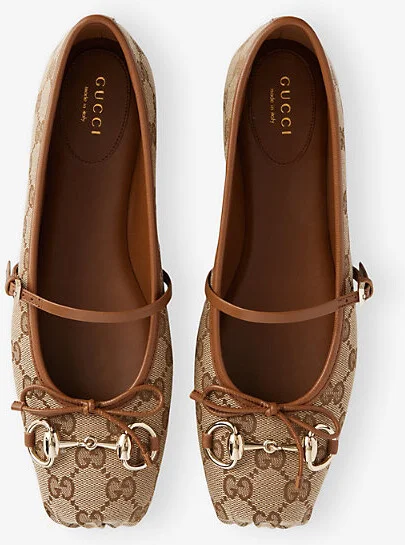 Womens Beige Ebony Sundial Gg-Monogram Horsebit Canvas Ballerina Pumps Eur 38/5 Uk Women - Image 2