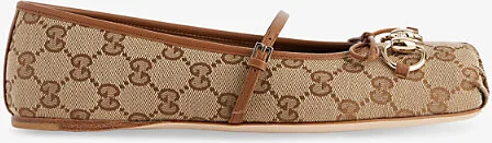 Womens Beige Ebony Sundial Gg-Monogram Horsebit Canvas Ballerina Pumps Eur 38/5 Uk Women