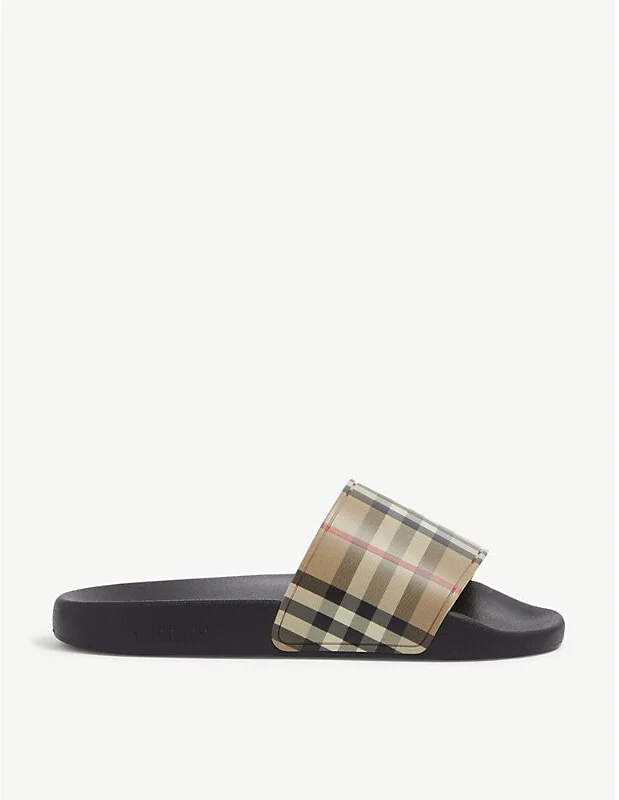 Womens Beige Furley Check-Print Rubber Sliders Eur 41 / 8 Uk Women