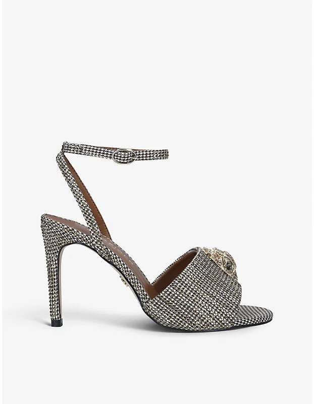 Womens Beige Kensington Hounds Tooth Check Embellished Heeled Sandals Eur 38/5 Uk Women