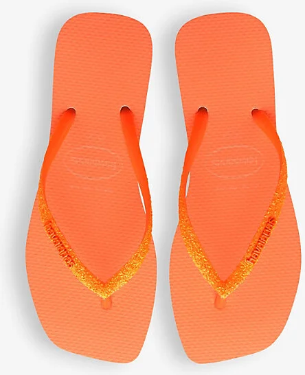 Womens Beige/Orange Square Glitter Logo-Embossed Rubber Flip-Flops 8 - Image 2