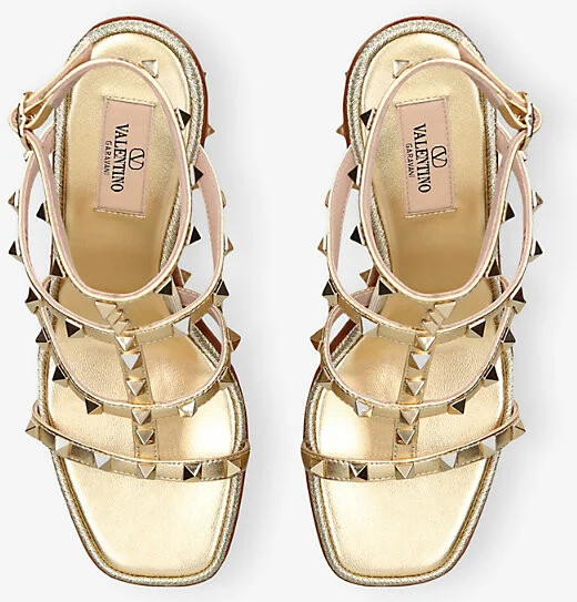 Womens Beige Rockstud 80 Metallic-Leather Wedge Sandals Eur 38.5 / 5.5 Uk Women - Image 2
