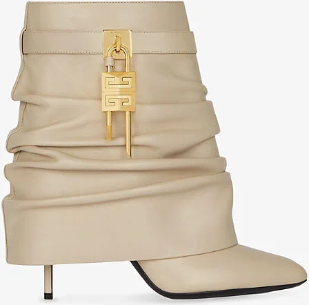 Womens Beige Shark Lock Stiletto Srunched Low Leather Heeled Ankle Boots Eur 38/5 Uk Women