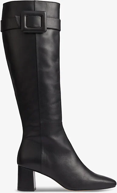 Womens Bla-Black Carlotta Buckle-Embellished Heeled Leather Knee-High Boots Eur 39 / 6 Uk Women