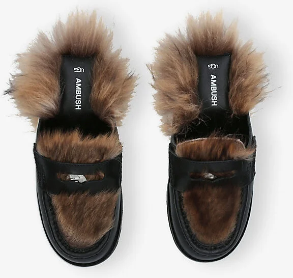 Womens Black Ambush Faux-Fur and Leather Backless Loafers Eur 37 / 4 Uk Women - Image 2