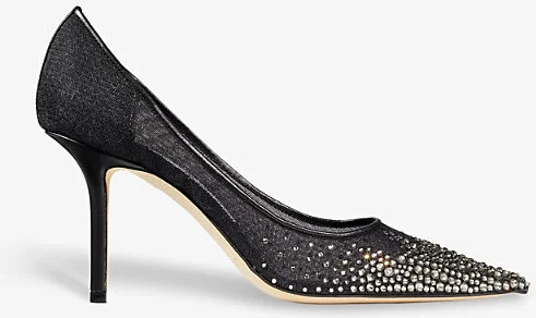 Womens Black/Black Love 85 Crystal-Embellished Mesh Pumps 11