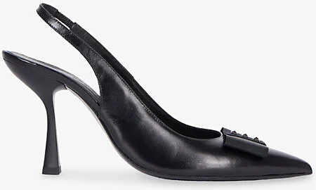 Womens Black Bow-Embellished Slingback-Strap Leather Heels Eur 37 / 4 Uk Women