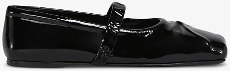 Womens Black Bow-Embellished Square-Toe Patent-Leather Ballet Flats Eur 40 / 7 Uk Women