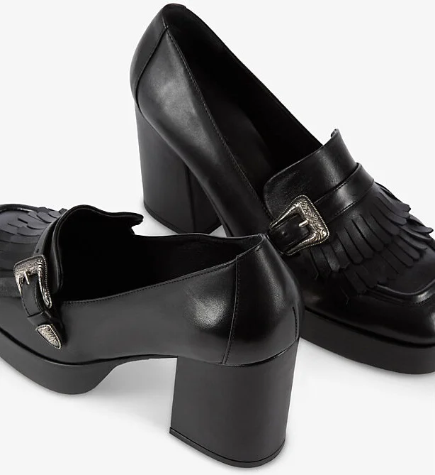 Womens Black Buckle-Embellished Fringed Heeled Leather Shoes Eur 39 / 6 Uk Women - Image 2