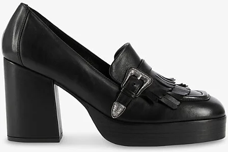 Womens Black Buckle-Embellished Fringed Heeled Leather Shoes Eur 39 / 6 Uk Women