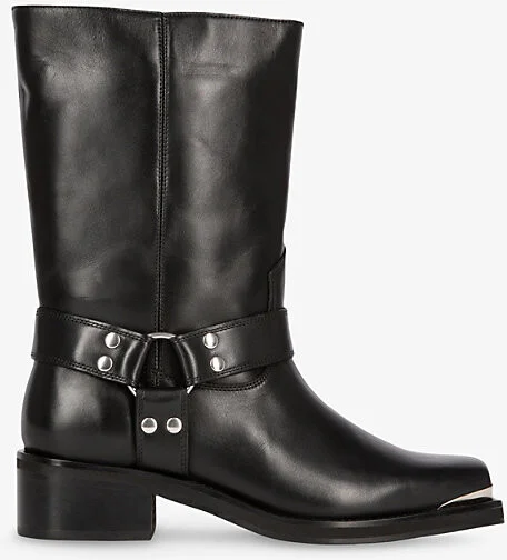 Womens Black Buckle-Embellished Leather Calf-Length Boots Eur 35 / 2 Uk Women