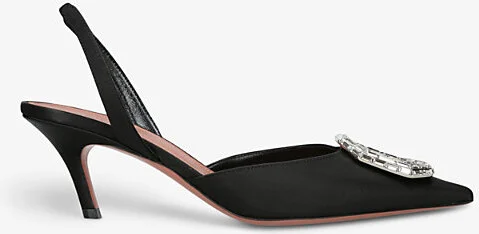 Womens Black Camelia Crystal-Embellished Satin Heeled Slingback Pumps Eur 39.5 / 6.5 Uk Women