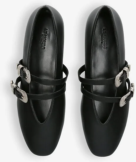Womens Black Claudia Double-Strap Leather Flats Eur 38/5 Uk Women - Image 2