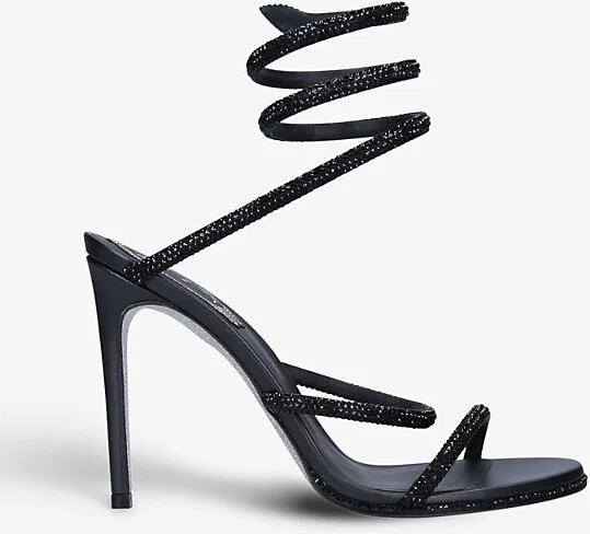 Womens Black Cleo Crystal-Embellished Leather Heeled Sandals Eur 39 / 6 Uk Women