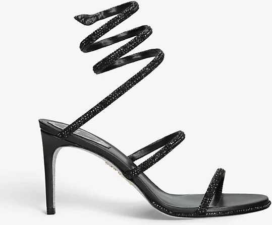 Womens Black Cleo Crystal-Embellished Leather Heeled Sandals Eur 40 / 7 Uk Women