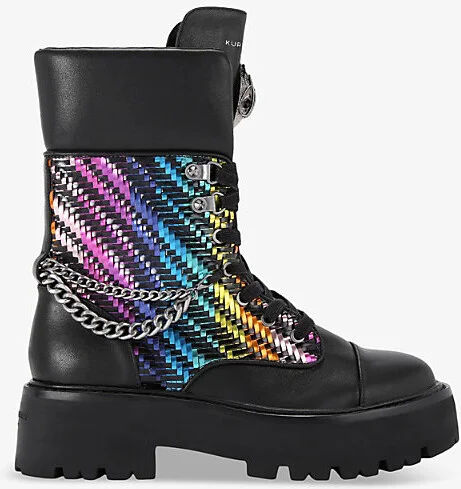Womens Black/Comb Kensington Rainbow-Weave Leather Combat Boots Eur 41 / 8 Uk Women
