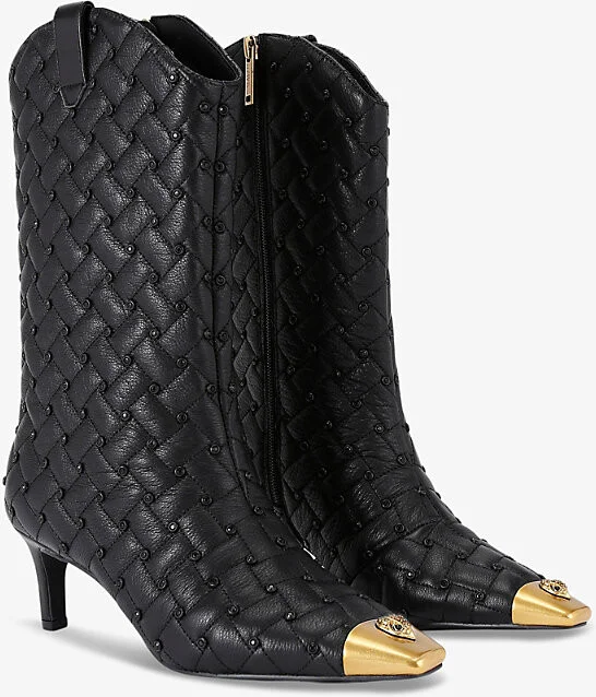 Womens Black/Comb Regent Crystal-Embellished Heeled Quilted-Leather Calf Boots Eur 39 / 6 Uk Women - Image 2